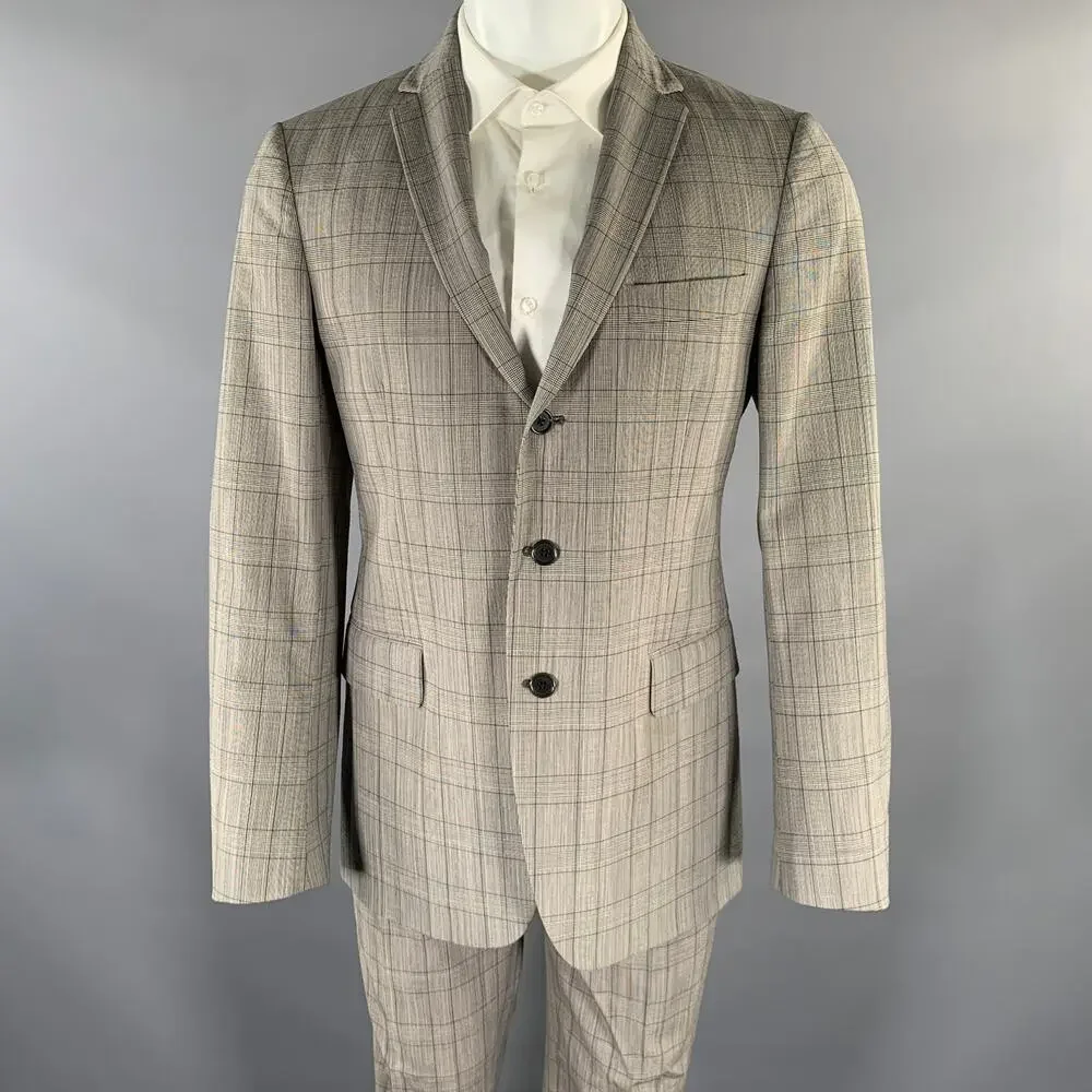 JOHN VARVATOS Size 38 Grey Plaid Wool Blend Notch Lapel Suit